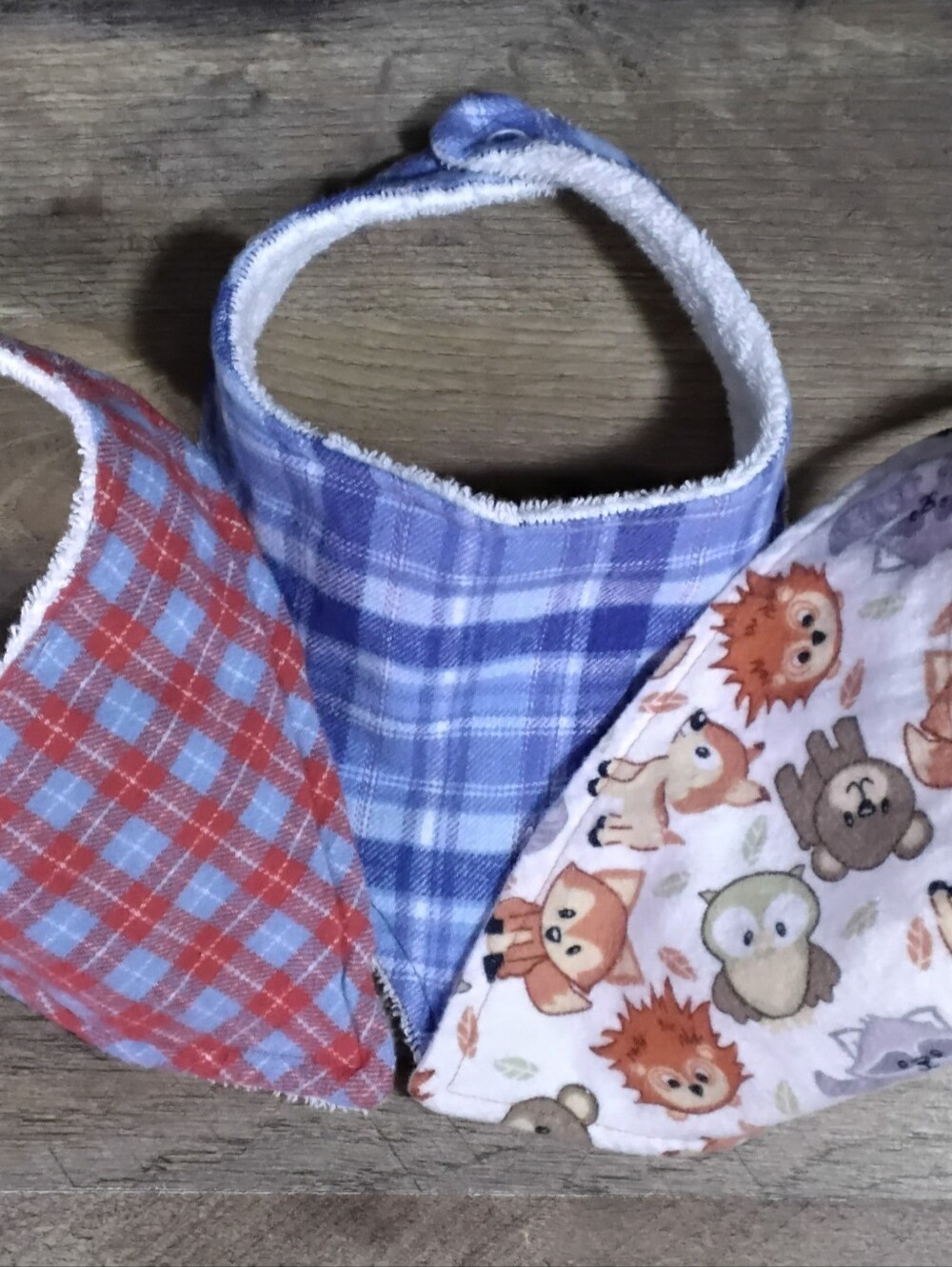 Handmade Set of 3 Plaid and Foxes Reusable Baby Boy Bibs